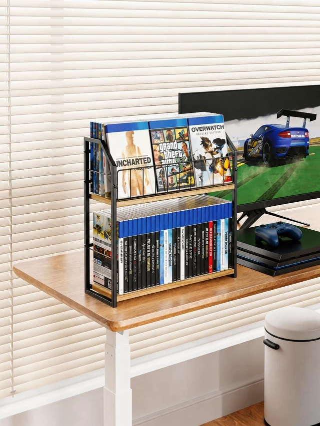 Alt view image 3 of 7 - 2-Tier DVD Storage Rack, DVD Rack & Video Game Shelf for Media Room-Natural DVD Holder, Blu Ray Storage, Stores Up to 56 DVDs, Video Game Shelf for Media Room and Game Room, Gift Idea for Music Lovers