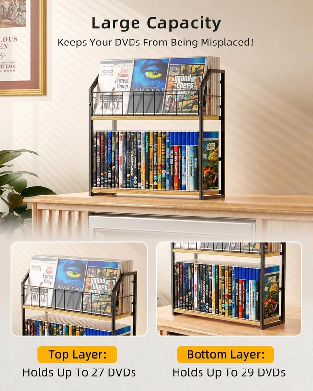 Alt view image 5 of 7 - 2-Tier DVD Storage Rack, DVD Rack & Video Game Shelf for Media Room-Natural DVD Holder, Blu Ray Storage, Stores Up to 56 DVDs, Video Game Shelf for Media Room and Game Room, Gift Idea for Music Lovers