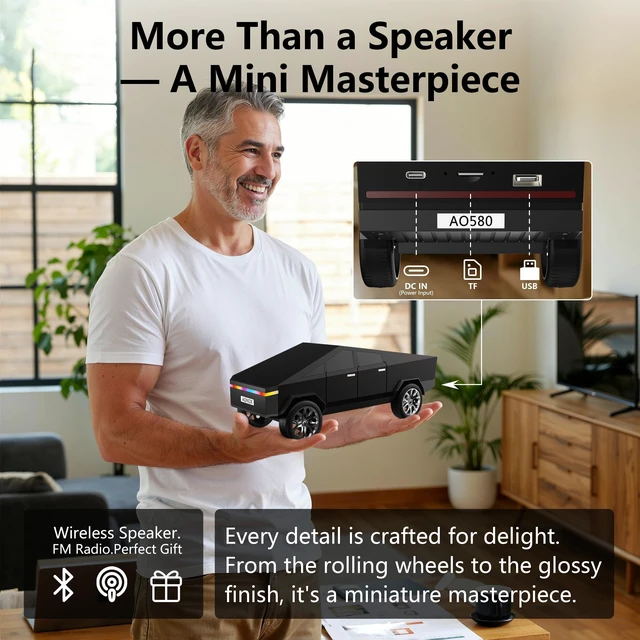 Alt view image 6 of 6 - Cybertruck Bluetooth Speaker for Car Mini Wireless Speaker with LED Lights, FM Radio, USB/TF Card, TWS Stereo, for Dad Car Lover Gift from Daughter or Son