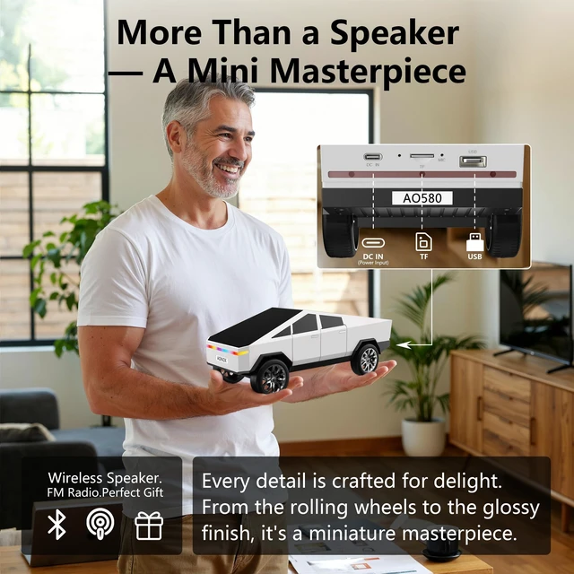 Alt view image 6 of 6 - Cybertruck Bluetooth Speaker for Car Mini Wireless Speaker with LED Lights, FM Radio, USB/TF Card, TWS Stereo, for Dad Car Lover Gift from Daughter or Son