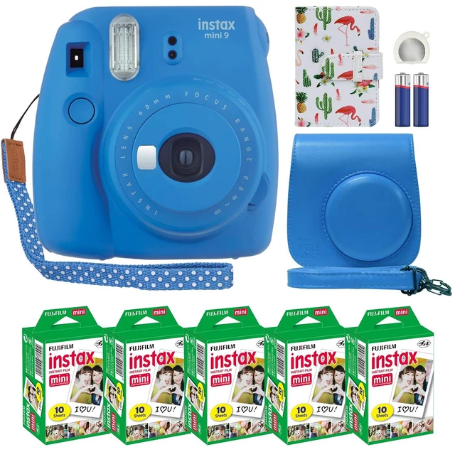 Main image of Instax Mini 9 Instant Camera Cobalt Blue with Custom Case + Fuji Instax Film Value Pack (50 Sheets) Flamingo Designer Photo Album