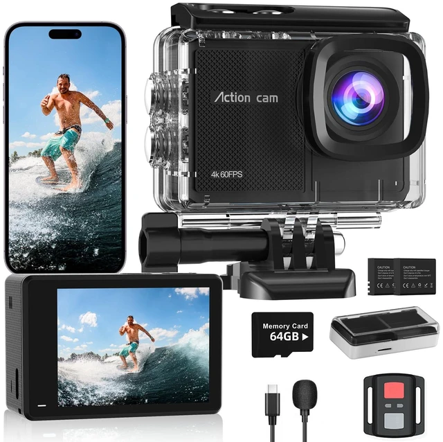Main image of 4K 60FPS Action Camera with 64GB Card-48MP Waterproof Camera,40M Underwater Camera,8X Zoom,EIS Stabilization,WiFi,Remote Control,MotorcycleCamera with 2 Rechargeable Batteries