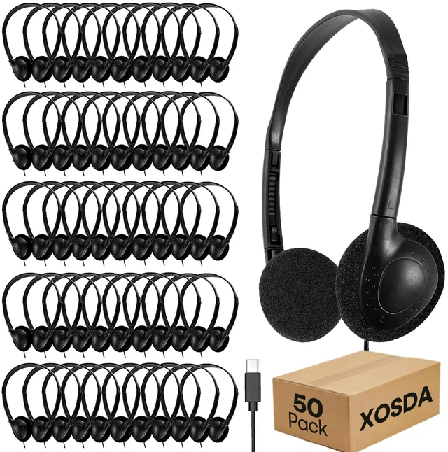 Main image of Type C Headphones Bulk for Classroom Kids School 50 Pack, Wholesale USB C Wired Headphones for Children Students Compatible with Smartphones laptops Tablets(LS857C,50 Black)