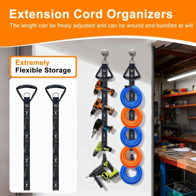 Alt view image 2 of 7 - Extension Cord Organizer with 5 Detachable straps 2 PCS Extension Cord Holder, Garage Garden Storage Straps for Cable, Hose, Rope, Tool