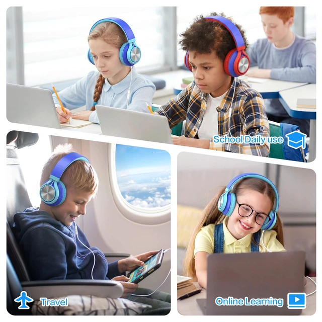 Alt view image 2 of 7 - Kids School Headphones with Microphone & 3.5mm Jack, Sky Blue K-12 School & Daily Use, Comfortable, Kids & Teens, Lightweight, Duarable, Adjustable & Foldable, For Online Learning