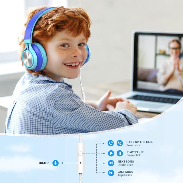 Alt view image 3 of 7 - Kids School Headphones with Microphone & 3.5mm Jack, Sky Blue K-12 School & Daily Use, Comfortable, Kids & Teens, Lightweight, Duarable, Adjustable & Foldable, For Online Learning