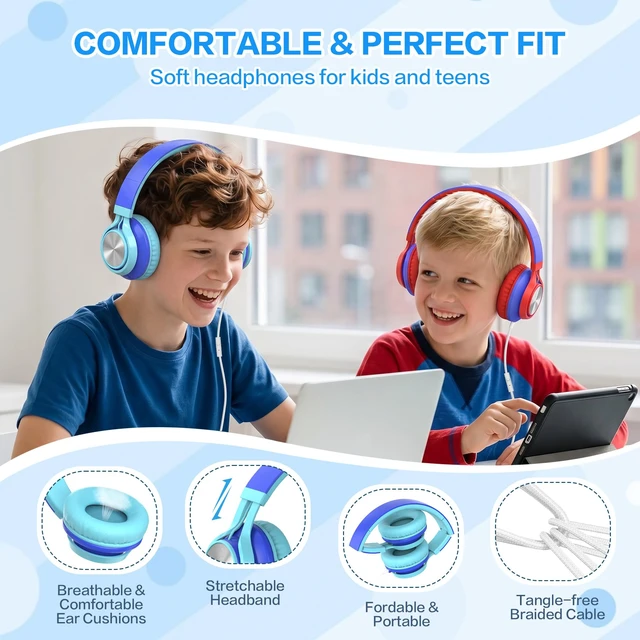 Alt view image 4 of 7 - Kids School Headphones with Microphone & 3.5mm Jack, Sky Blue K-12 School & Daily Use, Comfortable, Kids & Teens, Lightweight, Duarable, Adjustable & Foldable, For Online Learning