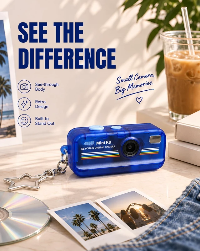 Alt view image 2 of 6 - Mini Digital Camera with Keychain, Transparent Blue Retro Camera with 11 Filters, Portable Pocket Camera for Travel, Outdoor and Daily Use