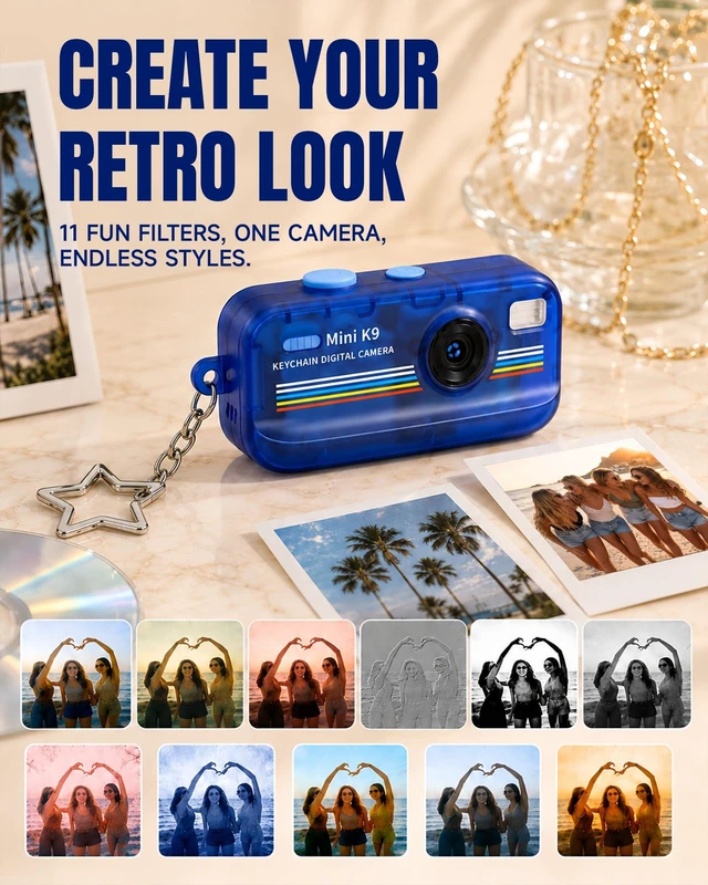 Alt view image 4 of 6 - Mini Digital Camera with Keychain, Transparent Blue Retro Camera with 11 Filters, Portable Pocket Camera for Travel, Outdoor and Daily Use