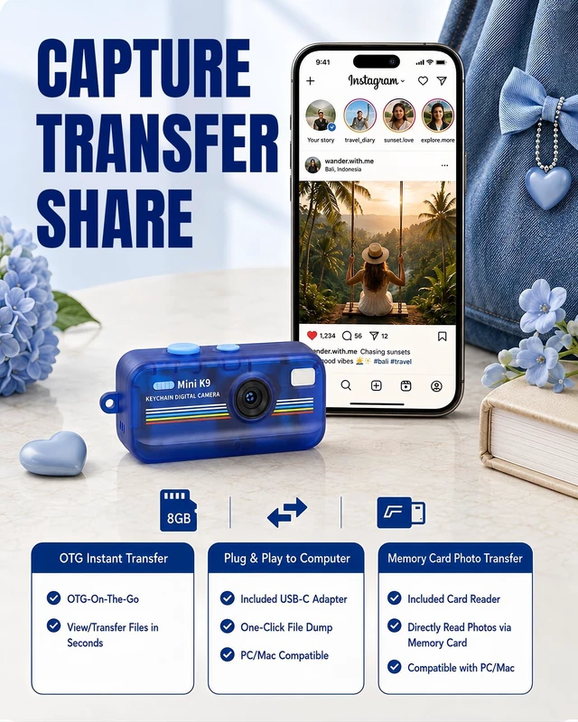Alt view image 6 of 6 - Mini Digital Camera with Keychain, Transparent Blue Retro Camera with 11 Filters, Portable Pocket Camera for Travel, Outdoor and Daily Use