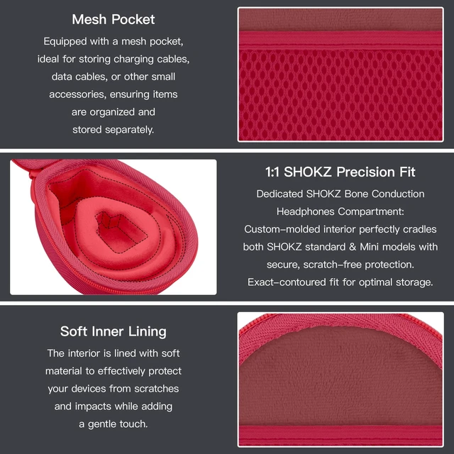 Alt view image 5 of 7 - Hard Case for SHOKZ OpenRun Pro 2/1/Mini,OpenMove,OpenSwim, Red Compatible with All Dual-Size SHOKZ Open-Ear Bone Conduction Sport Headphones, Standard And Mini Fit, Custom-Molded Insert