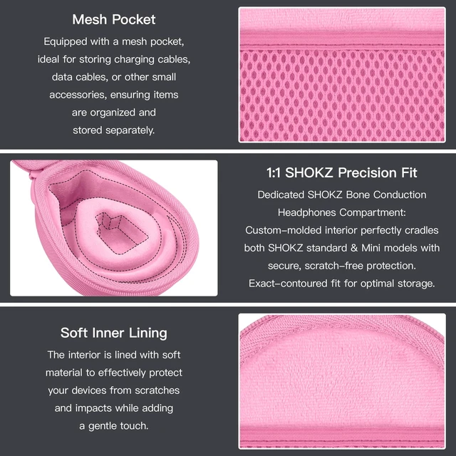 Alt view image 5 of 7 - Hard Case for SHOKZ OpenRun Pro 2/1/Mini,OpenMove,OpenSwim, Pink Compatible with All Dual-Size SHOKZ Open-Ear Bone Conduction Sport Headphones, Standard And Mini Fit, Custom-Molded Insert