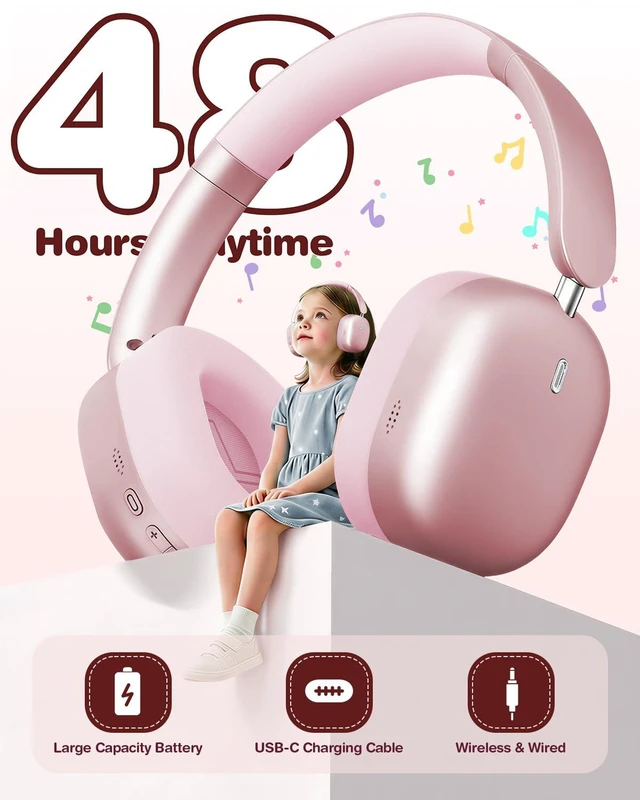 Alt view image 6 of 7 - Kids Headphones Wireless Bluetooth 5.4,Foldable Over Ear Headphones with 3.5mm Wired Mode,Safe Volume Limit,48H Playtime,Clear Calls,HD Sound for Toddlers/Children/School/Travel,Pink
