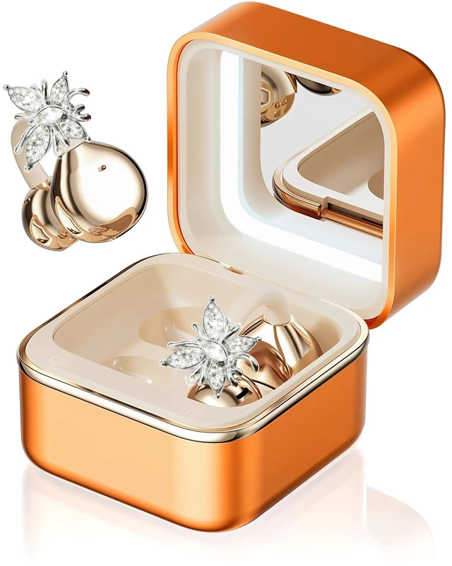 Main image of Clip on Open Ear Wireless Earbuds with Butterfly Earrings Bluetooth 6.0 Wireless Headphones for Women Girl Gift, Jewelry Charging Box with Light & Mirror, Sports Workout, Orange