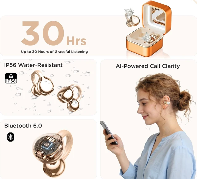 Alt view image 7 of 7 - Clip on Open Ear Wireless Earbuds with Butterfly Earrings Bluetooth 6.0 Wireless Headphones for Women Girl Gift, Jewelry Charging Box with Light & Mirror, Sports Workout, Orange