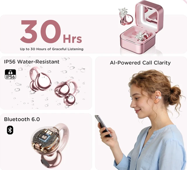 Alt view image 7 of 7 - Clip on Open Ear Wireless Earbuds with Butterfly Earrings Bluetooth 6.0 Wireless Headphones for Women Girl Gift, Jewelry Charging Box with Light & Mirror, Sports Workout, Rose Gold