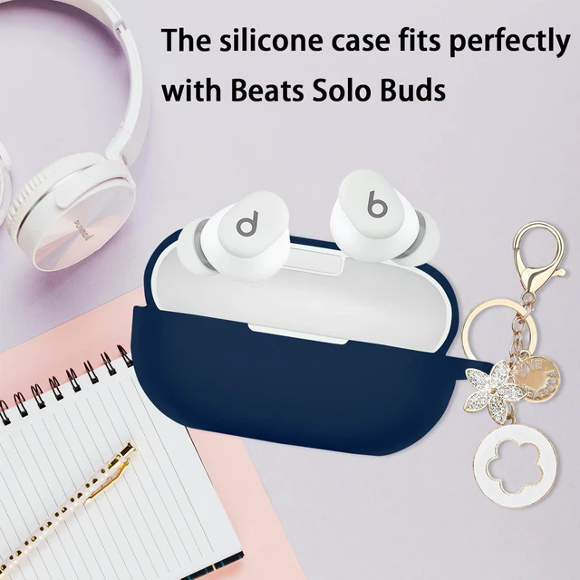 Alt view image 5 of 7 - Case Cover Compatible with Beats Solo Buds Earbuds (2024) Soft Silicone Protective Skin with Bling Keychain Accessories for Women Girl (Navy Blue)