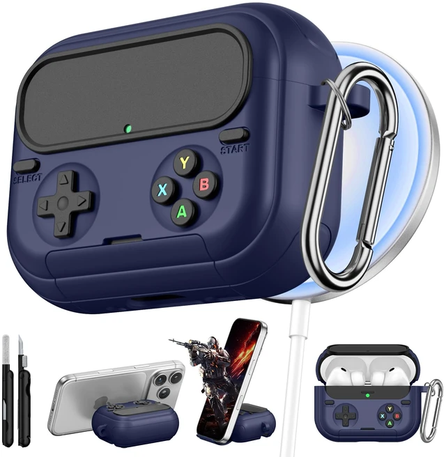 Main image of Retro Game Case for AirPods Pro 3 Game Console Design Protective Cover with Foldable Stand, Secure Lock Anti-Drop Shockproof PC+TPU Case, Keychain & Cleaning Kit for Men & Boys, White