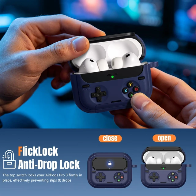 Alt view image 5 of 7 - Retro Game Case for AirPods Pro 3 Game Console Design Protective Cover with Foldable Stand, Secure Lock Anti-Drop Shockproof PC+TPU Case, Keychain & Cleaning Kit for Men & Boys, White