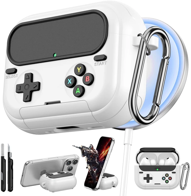 Main image of Retro Game Case for AirPods Pro 3 Game Console Design Protective Cover with Foldable Stand, Secure Lock Anti-Drop Shockproof PC+TPU Case, Keychain & Cleaning Kit for Men & Boys, White