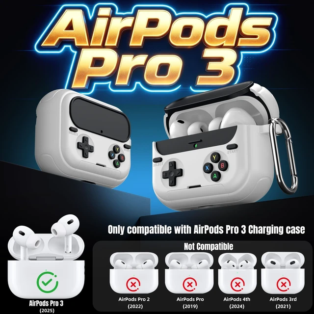 Alt view image 2 of 7 - Retro Game Case for AirPods Pro 3 Game Console Design Protective Cover with Foldable Stand, Secure Lock Anti-Drop Shockproof PC+TPU Case, Keychain & Cleaning Kit for Men & Boys, White