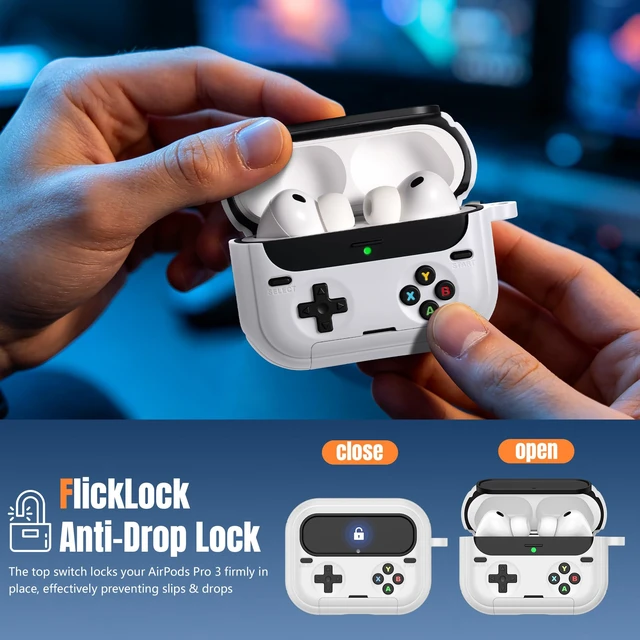 Alt view image 5 of 7 - Retro Game Case for AirPods Pro 3 Game Console Design Protective Cover with Foldable Stand, Secure Lock Anti-Drop Shockproof PC+TPU Case, Keychain & Cleaning Kit for Men & Boys, White