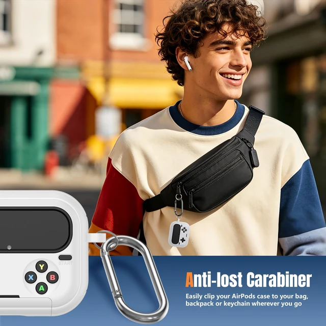 Alt view image 7 of 7 - Retro Game Case for AirPods Pro 3 Game Console Design Protective Cover with Foldable Stand, Secure Lock Anti-Drop Shockproof PC+TPU Case, Keychain & Cleaning Kit for Men & Boys, White