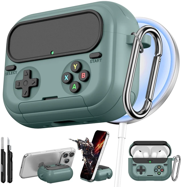 Main image of Retro Game Case for AirPods Pro 3 Game Console Design Protective Cover with Foldable Stand, Secure Lock Anti-Drop Shockproof PC+TPU Case, Keychain & Cleaning Kit for Men & Boys, Pine Green