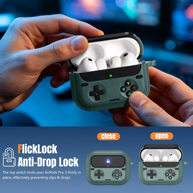 Alt view image 5 of 7 - Retro Game Case for AirPods Pro 3 Game Console Design Protective Cover with Foldable Stand, Secure Lock Anti-Drop Shockproof PC+TPU Case, Keychain & Cleaning Kit for Men & Boys, Pine Green