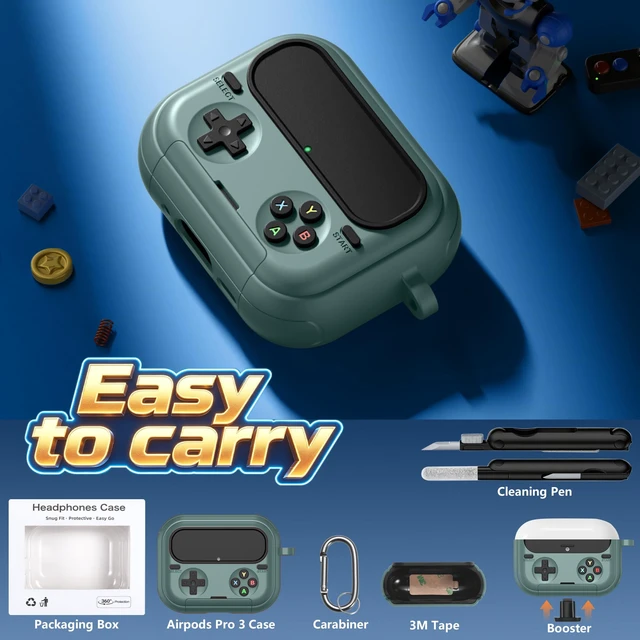 Alt view image 6 of 7 - Retro Game Case for AirPods Pro 3 Game Console Design Protective Cover with Foldable Stand, Secure Lock Anti-Drop Shockproof PC+TPU Case, Keychain & Cleaning Kit for Men & Boys, Pine Green