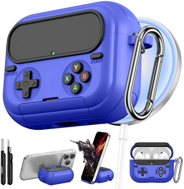 Main image of Retro Game Case for AirPods Pro 3 Game Console Design Protective Cover with Foldable Stand, Secure Lock Anti-Drop Shockproof PC+TPU Case, Keychain & Cleaning Kit for Men & Boys, Blue