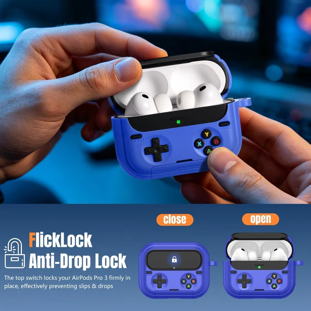 Alt view image 5 of 7 - Retro Game Case for AirPods Pro 3 Game Console Design Protective Cover with Foldable Stand, Secure Lock Anti-Drop Shockproof PC+TPU Case, Keychain & Cleaning Kit for Men & Boys, Blue
