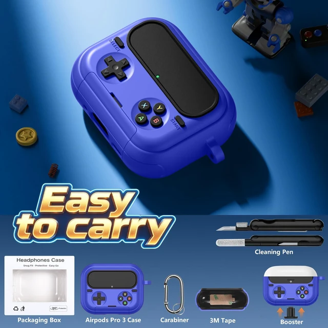 Alt view image 6 of 7 - Retro Game Case for AirPods Pro 3 Game Console Design Protective Cover with Foldable Stand, Secure Lock Anti-Drop Shockproof PC+TPU Case, Keychain & Cleaning Kit for Men & Boys, Blue