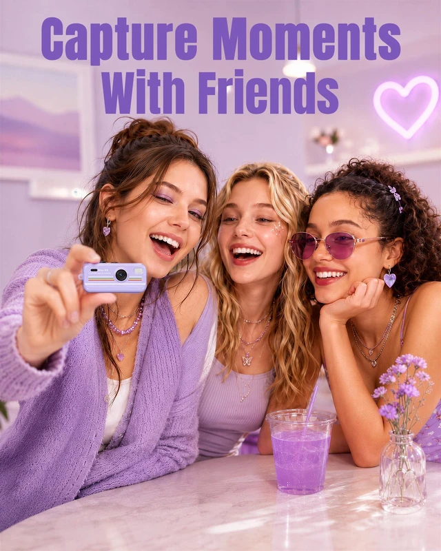 Alt view image 4 of 7 - Mini Digital Camera with Keychain, Purple Retro Aesthetic Camera with 11 Filters, Portable Pocket Camera for Teens Girls, Social Moments and Travel