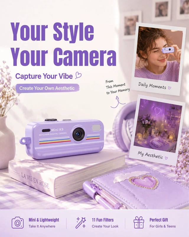 Alt view image 2 of 7 - Mini Digital Camera with Keychain, Purple Retro Aesthetic Camera with 11 Filters, Portable Pocket Camera for Teens Girls, Social Moments and Travel