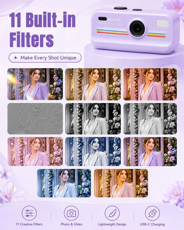 Alt view image 5 of 7 - Mini Digital Camera with Keychain, Purple Retro Aesthetic Camera with 11 Filters, Portable Pocket Camera for Teens Girls, Social Moments and Travel
