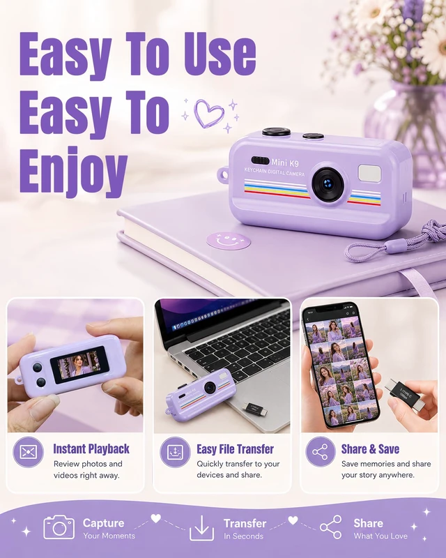 Alt view image 6 of 7 - Mini Digital Camera with Keychain, Purple Retro Aesthetic Camera with 11 Filters, Portable Pocket Camera for Teens Girls, Social Moments and Travel