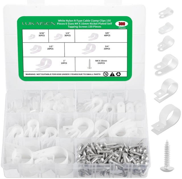 Main image of 300 Pcs White R-Type Cable Clips, with M4 Screws Cord Organizer Good Ductility, Fireproof, 6 Sizes (3/16'' 1/4'' 3/8'' 1/2'' 3/4'' 1''), 150pcs M4 Screws, for TV/PC/AC Cables & Wires