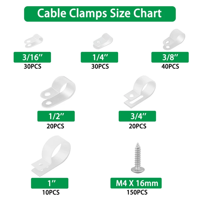 Alt view image 5 of 7 - 300 Pcs White R-Type Cable Clips, with M4 Screws Cord Organizer Good Ductility, Fireproof, 6 Sizes (3/16'' 1/4'' 3/8'' 1/2'' 3/4'' 1''), 150pcs M4 Screws, for TV/PC/AC Cables & Wires