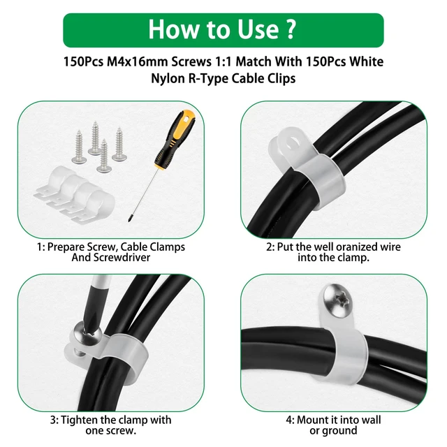 Alt view image 6 of 7 - 300 Pcs White R-Type Cable Clips, with M4 Screws Cord Organizer Good Ductility, Fireproof, 6 Sizes (3/16'' 1/4'' 3/8'' 1/2'' 3/4'' 1''), 150pcs M4 Screws, for TV/PC/AC Cables & Wires
