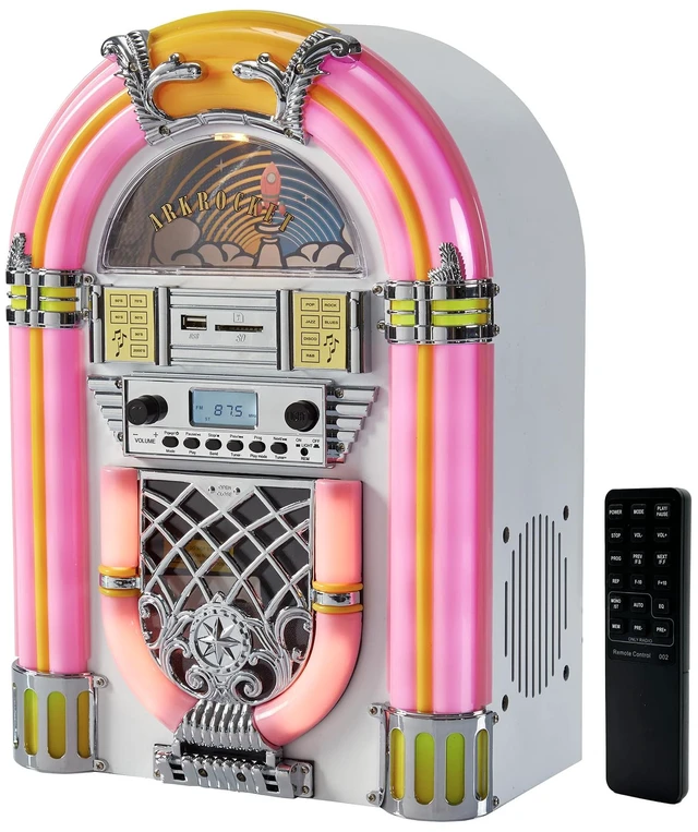 Main image of Athena Mini Jukebox/Tabletop CD Player/Bluetooth Speaker/Radio/USB and SD Card Player with Retro LED Lighting System (Pink White)