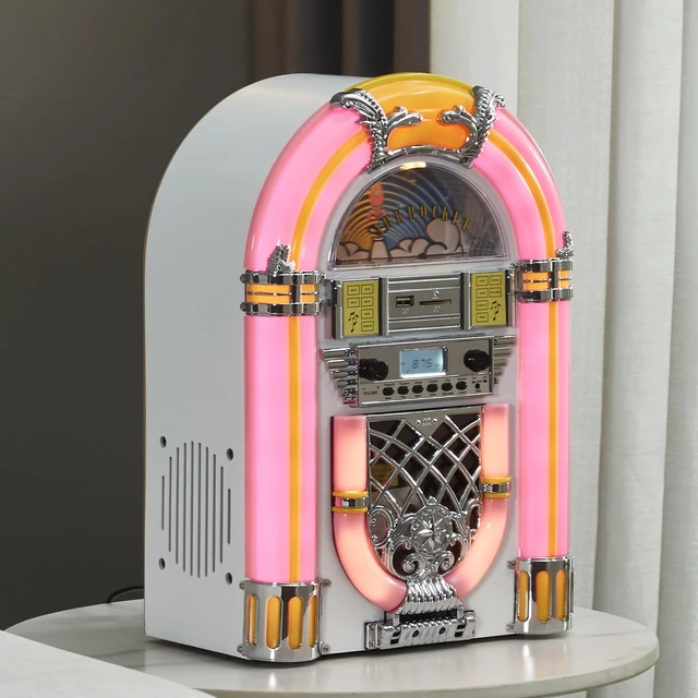 Alt view image 3 of 7 - Athena Mini Jukebox/Tabletop CD Player/Bluetooth Speaker/Radio/USB and SD Card Player with Retro LED Lighting System (Pink White)