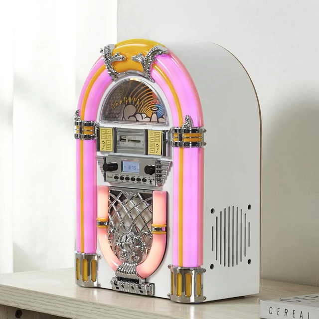 Alt view image 2 of 7 - Athena Mini Jukebox/Tabletop CD Player/Bluetooth Speaker/Radio/USB and SD Card Player with Retro LED Lighting System (Pink White)
