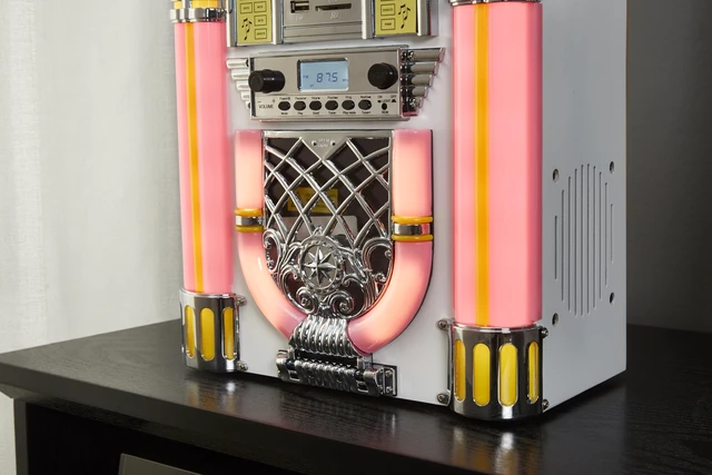Alt view image 5 of 7 - Athena Mini Jukebox/Tabletop CD Player/Bluetooth Speaker/Radio/USB and SD Card Player with Retro LED Lighting System (Pink White)