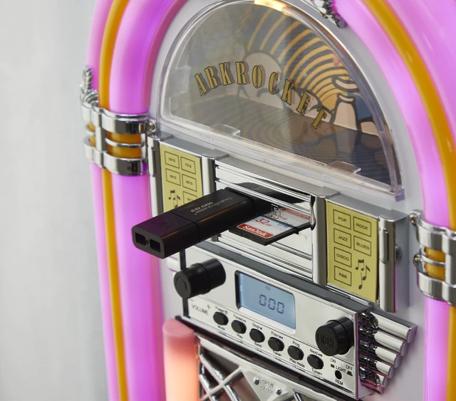 Alt view image 7 of 7 - Athena Mini Jukebox/Tabletop CD Player/Bluetooth Speaker/Radio/USB and SD Card Player with Retro LED Lighting System (Pink White)