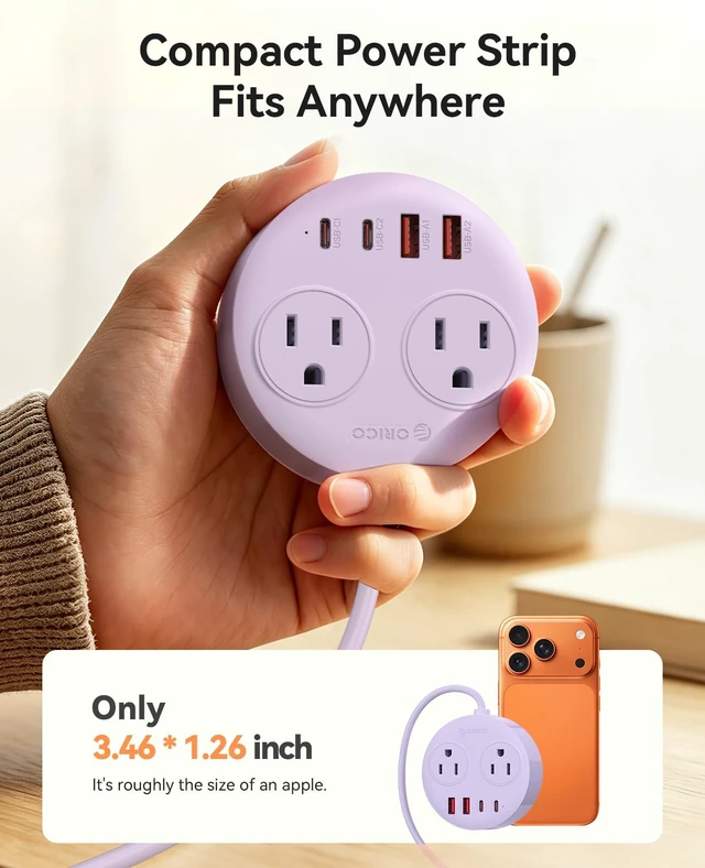 Alt view image 6 of 7 - Magnetic Power Strip with 20W PD Fast Charging USB C Ports 6-in-1 Round Desktop Extension Cord (5ft) with 2 AC Outlets, 2 USB-C, 2 USB-A, Wall Mountable for Dorm Room & Office
