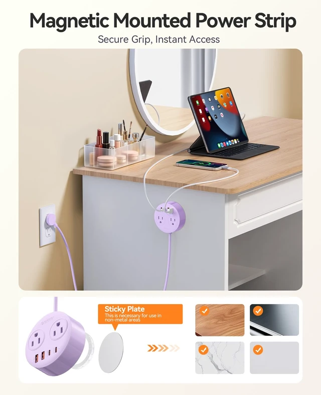 Alt view image 2 of 7 - Magnetic Power Strip with 20W PD Fast Charging USB C Ports 6-in-1 Round Desktop Extension Cord (5ft) with 2 AC Outlets, 2 USB-C, 2 USB-A, Wall Mountable for Dorm Room & Office
