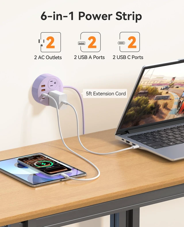 Alt view image 4 of 7 - Magnetic Power Strip with 20W PD Fast Charging USB C Ports 6-in-1 Round Desktop Extension Cord (5ft) with 2 AC Outlets, 2 USB-C, 2 USB-A, Wall Mountable for Dorm Room & Office