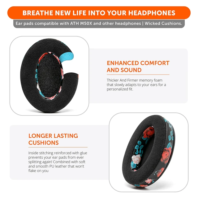 Alt view image 5 of 7 - PadZ Velour - Earpads for Audio Technica, HyperX, Arctis & More Made by Wicked Cushions Extra Thick Also fits Logitech G Pro X & 50+ Additional Models Black Floral