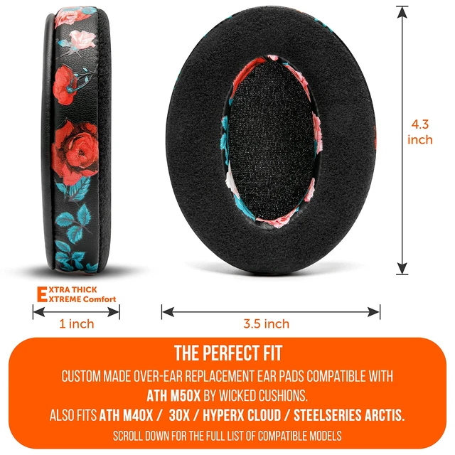 Alt view image 6 of 7 - PadZ Velour - Earpads for Audio Technica, HyperX, Arctis & More Made by Wicked Cushions Extra Thick Also fits Logitech G Pro X & 50+ Additional Models Black Floral
